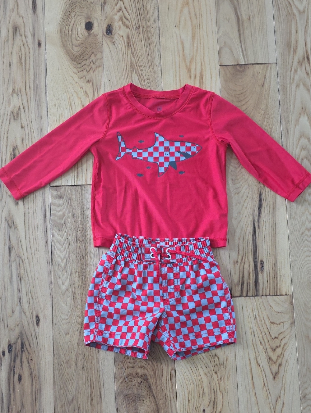 Baby GAP Red Rash Guard Top with Checkered Shark & Matching Swim Shorts